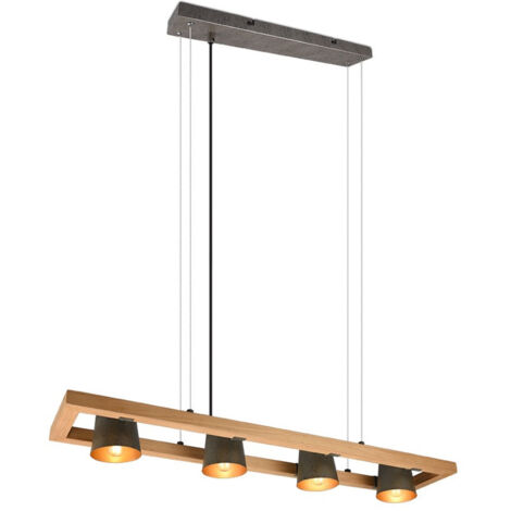 Candelabro de suspensión rectangular 4 focos ajustables Madera y níquel Metal Bell Trio Lighting