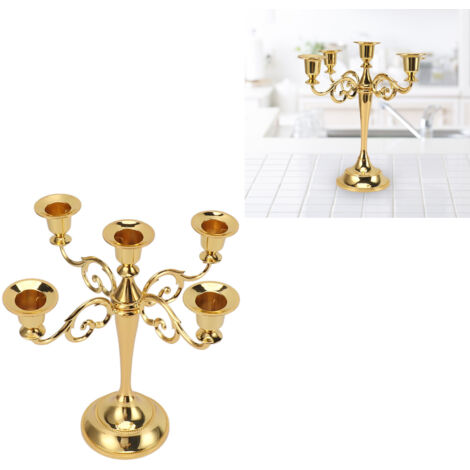Candelabro decorativo de cinco brazos de hierro color oro, estilo retro, para el hogar y la iglesia  Soporte de 5 brazos  629 g