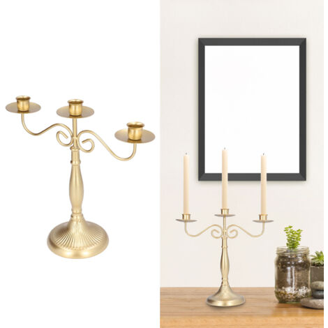 Candelabro dorado de tres brazos de estilo europeo para decoración de bodas y del hogar.