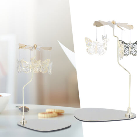 Candelabro giratorio de acero inoxidable con bandeja triangular y adornos de mariposa para una decoración romántica europea.