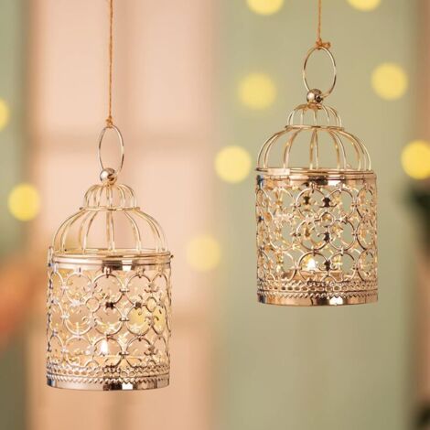 Candelabros de metal con forma de farol - Paquete de 2 pequeños portavelas colgantes, centro de mesa decorativo para sala de estar, boda, plateado