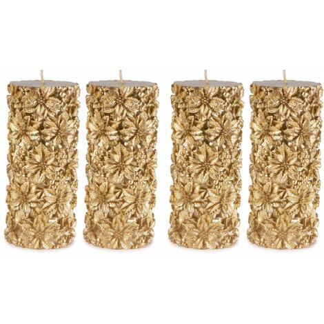 Candele natalizie dorate con decori floreali in rilievo set 4 pezzi Ø7,5x17 cm