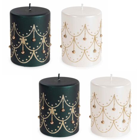 Candele natalizie eleganti bianche e nere con decorazioni dorate e brillantini