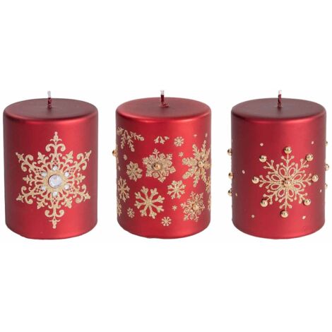 Candele natalizie rosse con fiocchi di neve dorati e brillantini oro set 3 pezzi