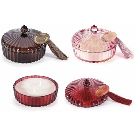 Candele profumate in vetro con coperchio e nappina set 3 fragranze Ø13x9 cm