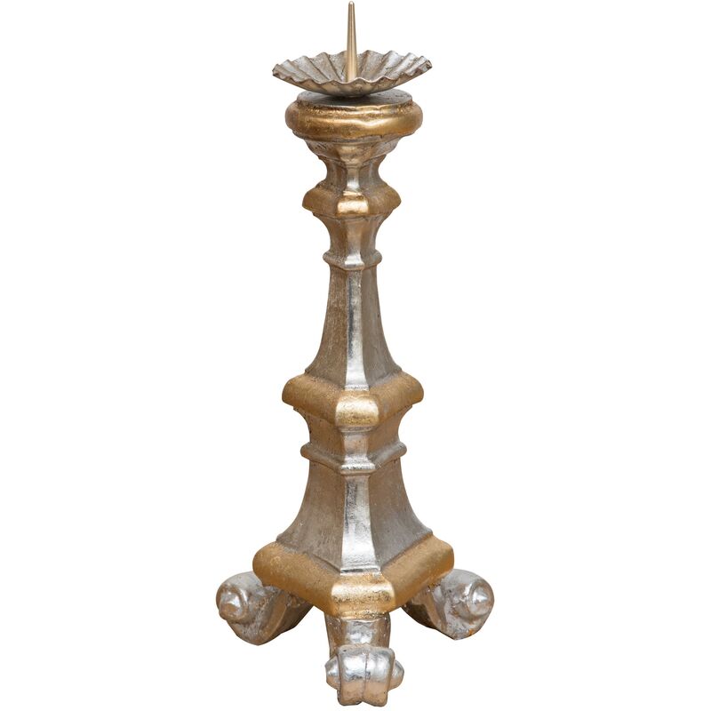 Candeliere legno 29x13x13 cm Portacandele legno Candelabro argento Made in Italy Candelabri Shabby Portacandele da tavolo