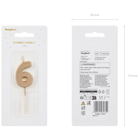 Candelina di compleanno, numero 6, oro, 5,5 cm