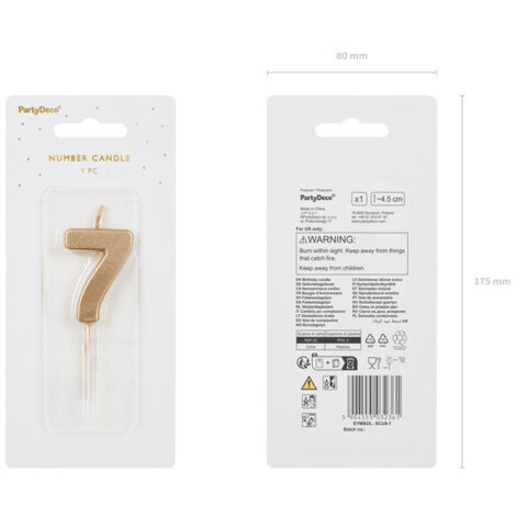 Candelina di compleanno, numero 7, oro, 5,5 cm