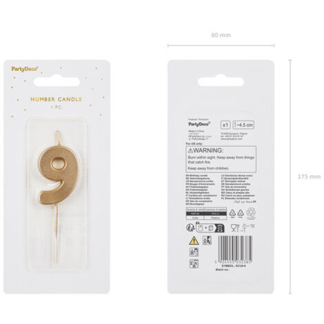 Candelina di compleanno, numero 9, oro, 5,5 cm