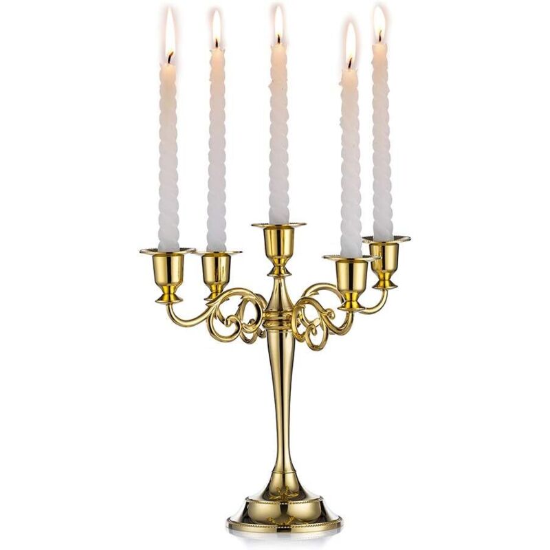 Candélabres Bougeoirs Dorés 5 Bras en Métal Bougeoirs 27cm Haut Bougeoir Conique pour Mariage Fête d'anniversaire Table à Manger Salon Cheminée