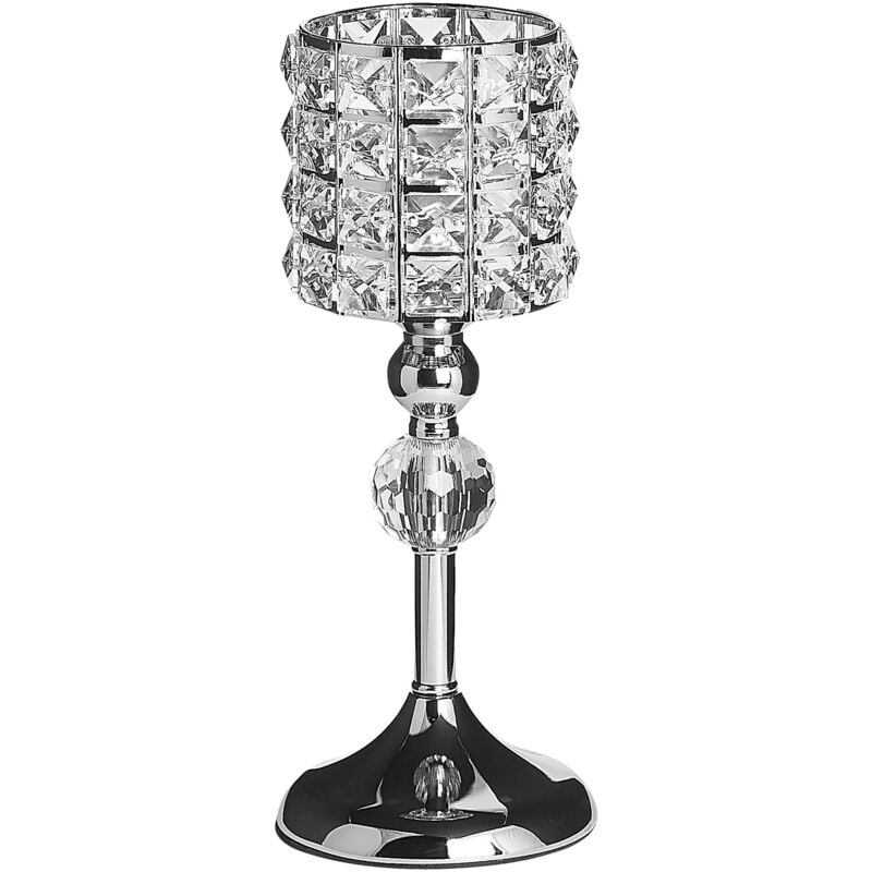 Modern Pillar Candle Holder Silver Metal Studded Glass Rhinestones Avord