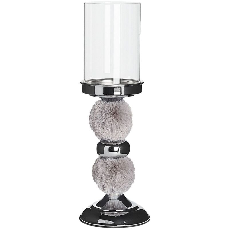 Tall Pillar Candle Holder Glass Shade Silver Metal Faux Fur Grey Padre