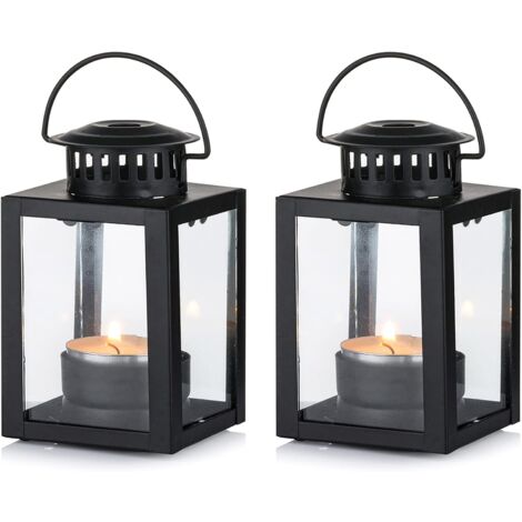 Candle Lanterns Garden Lanterns, 2 Pieces Hanging Small Tea Light Lanterns, Black Candle Holders for Indoor Outdoor Events