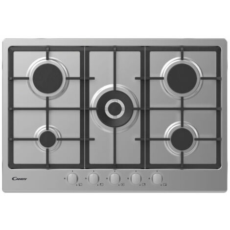 Candy CHG74WX Piano Cottura a Gas 5 Zone Griglie in Ghisa 75 cm Acciaio Inox
