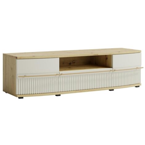 CANDY Meuble TV 175x45 cm courbé à relief en bois design moderne épuré Blanc cassé