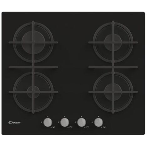 Candy – Plaque de cuisson gaz 4 foyers – Puissance 7200 watts – Verre trempé noir – Grilles en fonte pour cuisson efficace - CDK6KB