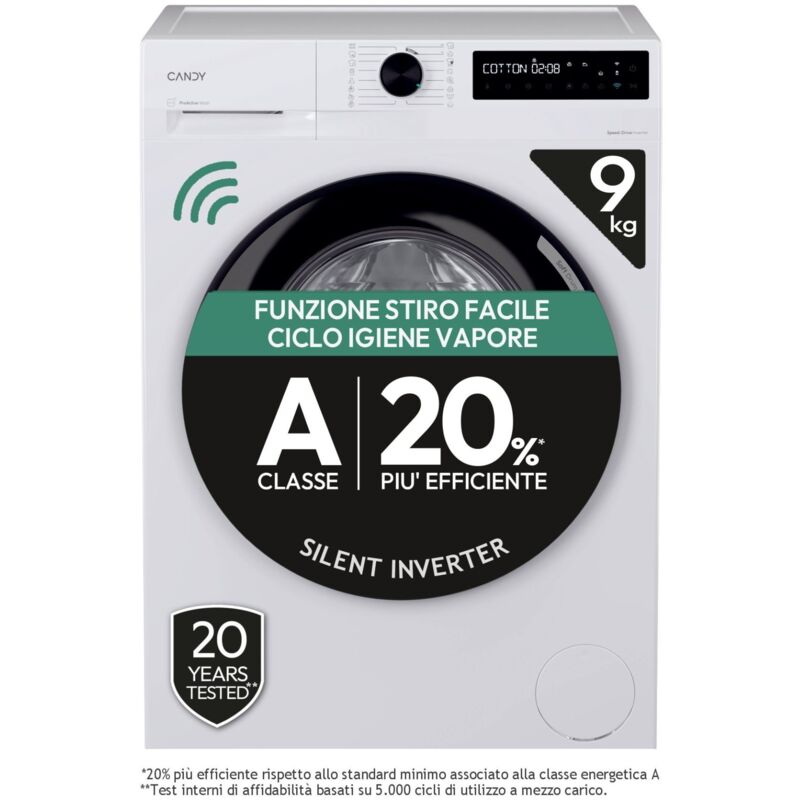 Candy ProWash 500, Lavatrice Carica Frontale 9 KG, 20% più efficente della classe A, 1400 giri, Bianco, Inverter, Vapore, Wi-Fi, Smart Wash, BR