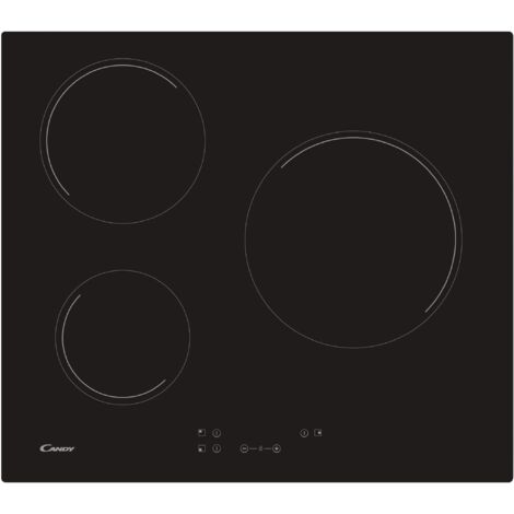 Candy Timeless CH63CC, piano cottura, tre zone, grande fuoco 25 cm, larghezza 59 cm, 10 livelli di potenza, 5500 W, comandi centrali, blocco sicurezza, allarme surriscaldamento e versamenti, nero