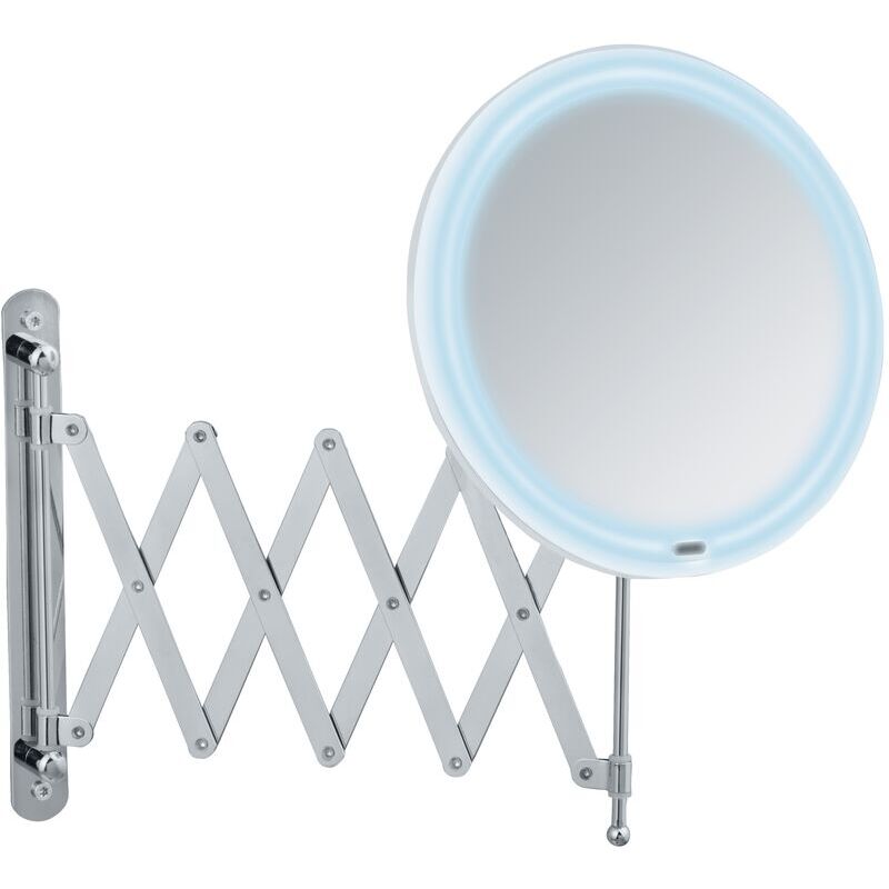 Miroir maquillage led mural Barona, avec bras télescopique, miroir grossissant x5, ø 20 cm, Acier - Plastique, 20x34x55 cm, Chromé - Ulisem