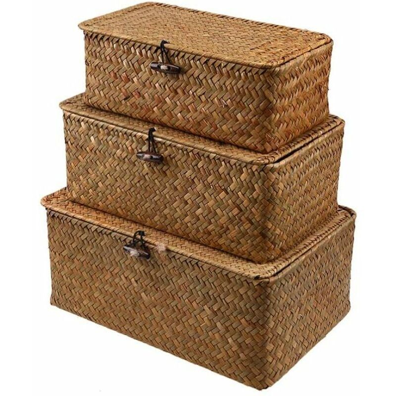 Gabrielle - Panier tissé panier en osier avec couvercle jonc de mer blanchisserie rotin organisateur bote pour salle de bain salon cuisine
