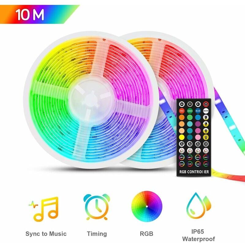 Ruban led 10m etanche, Bande led RGB5050 12V, Multicolore IP65 avec Fonction Mucial chronométrage,Télécommande à Infrarouge, Led Ruban pour
