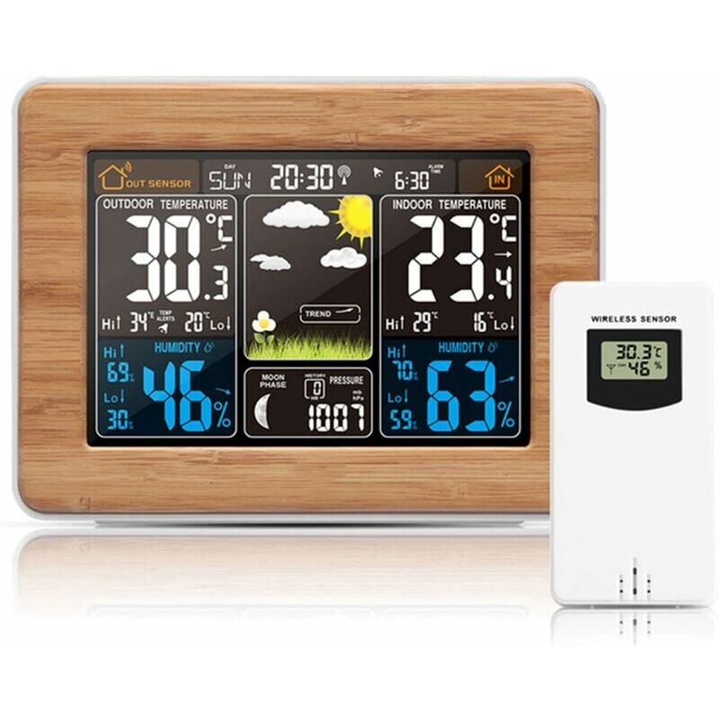 Ccykxa - Station météo sans fil avec baromètre/prévisions météo/alarme, écran couleur intérieur/extérieur multifonction horloge thermomètre hygromètre