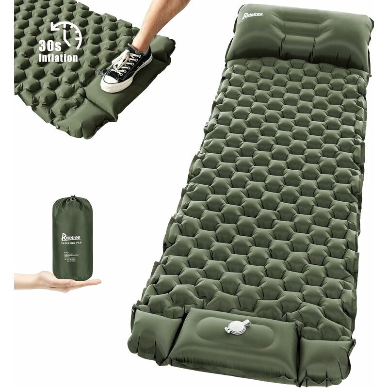 Tapis de camping gonflable avec presse à pied, petit format, matelas pneumatique de camping ultra-léger et imperméable avec oreiller extérieur, tapis