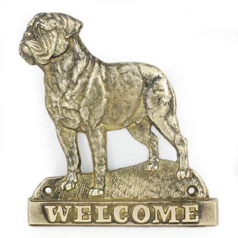 Cane di Bordeaux, Dogue de Bordeaux, Mastino francese - cartello porta con un cane, targa di benvenuto in ottone, cartello unico con la scritta Welcome di Art-Dog