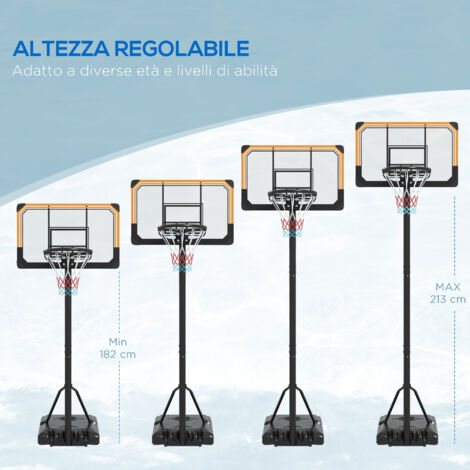 Canestro da basket regolabile in altezza su 6 livelli con base riempibile e ruote, in policarbonato, acciaio e poliestere, nero.
