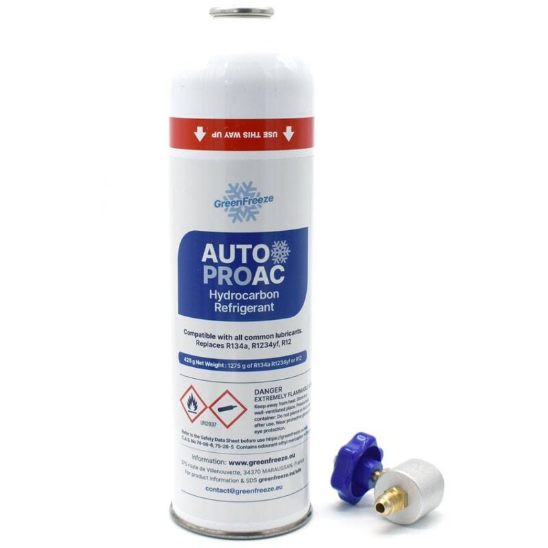 Canette réfrigérant Greenfreeze autoproac 425grs, remplace le 12, R134a et le 1234yf , livré avec robinet