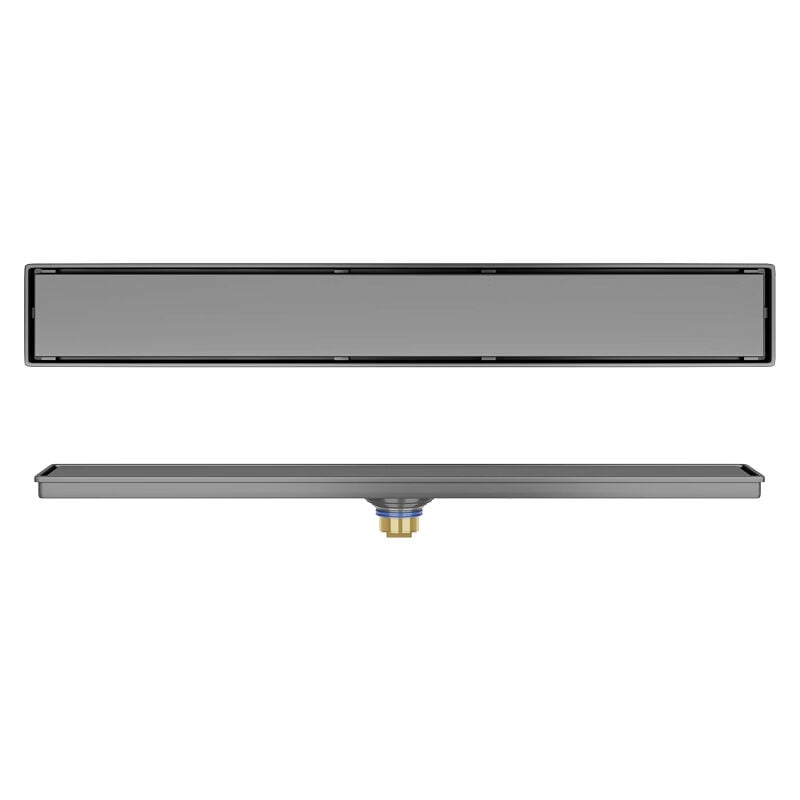 Caniveau de douche 60 cm plat, siphon avec stop-odeur et filtre à cheveux caniveau de douche en verre noir ensemble complet siphon de sol en acier