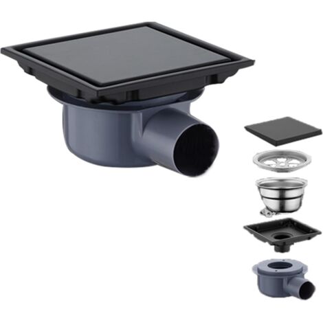 Caniveau de douche en acier inoxydable 360°, siphon de sol noir, 15 x 15 cm, détecteur d'odeurs et filtre à cheveux, 2 en 1, siphon de sol pour douche, salles de bains, sous-sols, avec base en plastiq