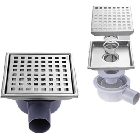 Caniveau de douche en acier inoxydable avec siphon 360°, 15x15cm, système anti-odeurs et anti-obstruction.