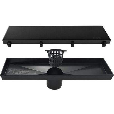 Caniveau de douche linéaire 30 cm - avec insert plat et céramique 2 en 1, en acier inoxydable 304, caniveau de douche rectangulaire, pour douche au sol, noir brillant