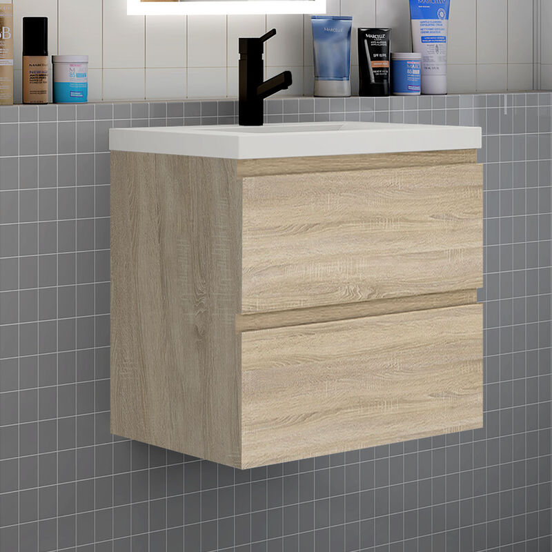 Meuble de salle de bain suspendre avec vasque 2 tiroirs fermeture amortie meuble de rangement bois clair - 60cm