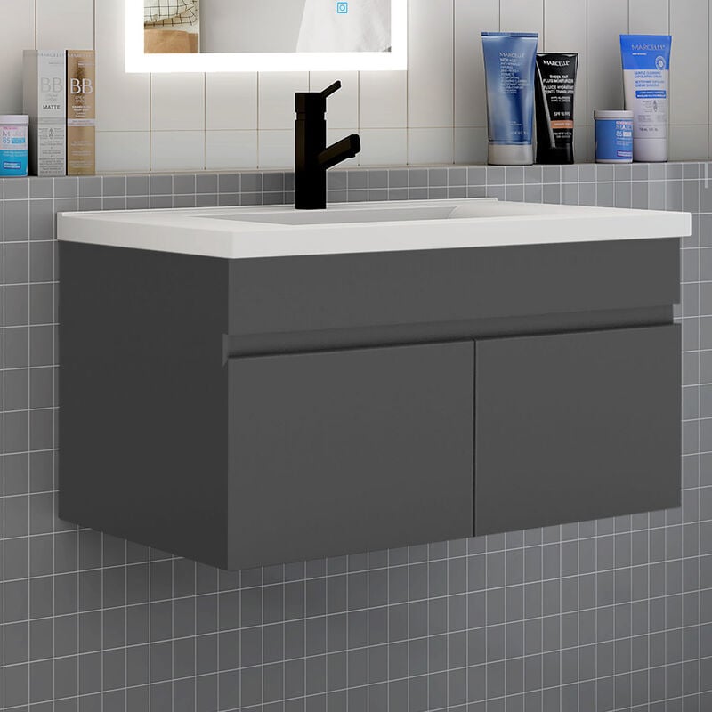 Biubiubath - Meuble de salle de bain 80 cm avec vasque suspendu 2 portes meuble de salle de bain anthracite