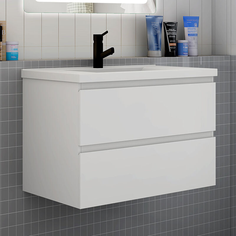 Biubiubath - Meuble de salle de bain avec vasque, 80 cm 2 tiroirs à fermeture amortie blanc - meuble suspendu