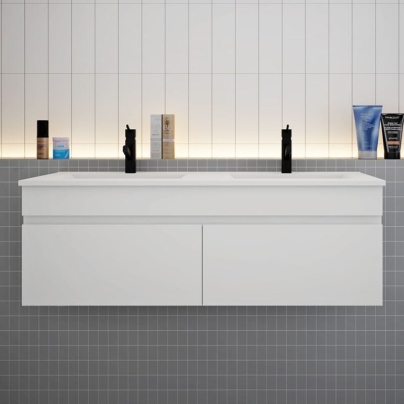 Biubiubath - Meuble de salle de bain double vasque blanc, meuble suspendu blanc 120cm 2 portes