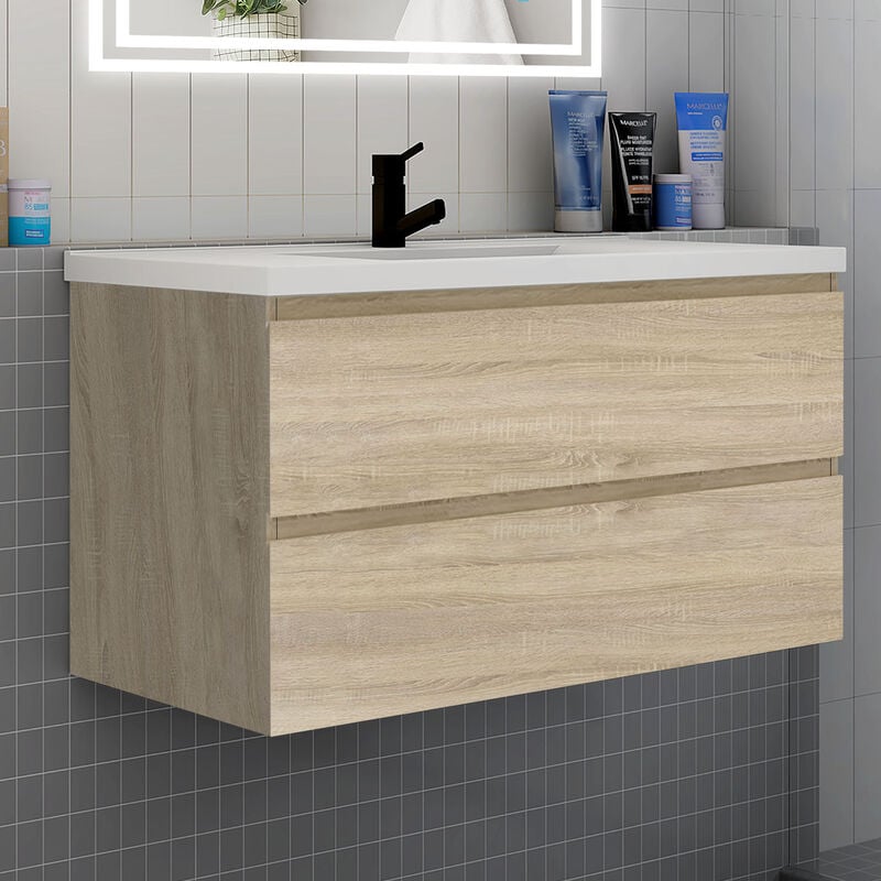 Biubiubath - Meuble de salle de bain suspendre avec vasque 2 tiroirs fermeture amortie meuble de rangement bois clair - 100cm