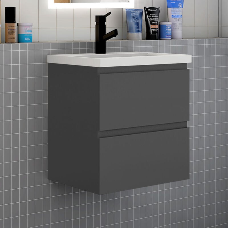 Biubiubath - Meuble de salle de bain suspendre avec vasque 2 tiroirs fermeture amortie meuble de rangement anthracite - meuble 50cm