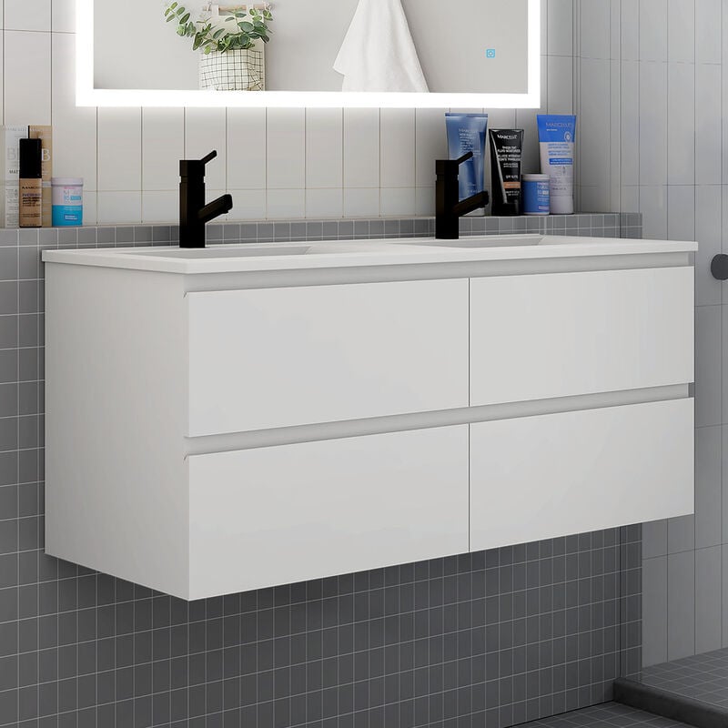 Biubiubath - Meuble de salle de bain double vasque blanc, 120 cm meuble blanc avec lavabo céramique meuble 4 tiroirs