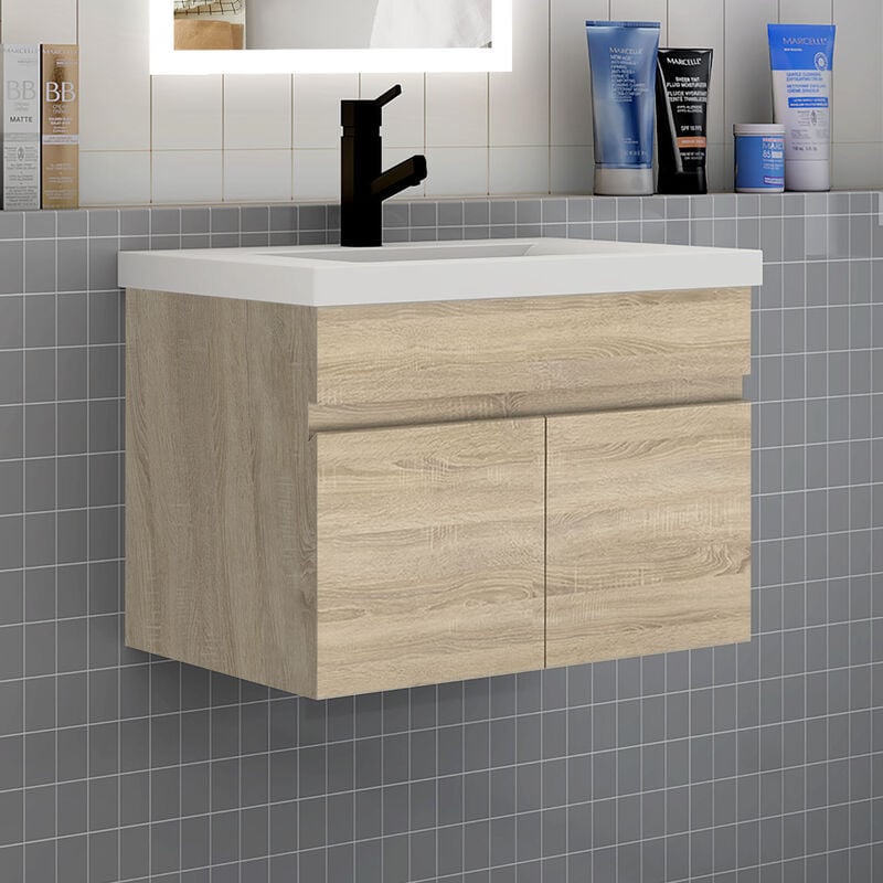 Biubiubath - Meuble de salle de bain 60 cm avec vasque suspendu 2 portes meuble de salle de bain - bois clair