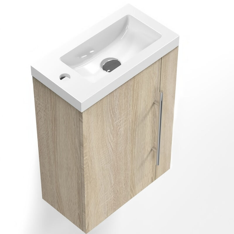 Biubiubath - Meuble Lave-Mains Moderne à Suspendre avec lavabo, Meuble de Rangement avec Une Porte et 2 étagères 45cm / bois clair