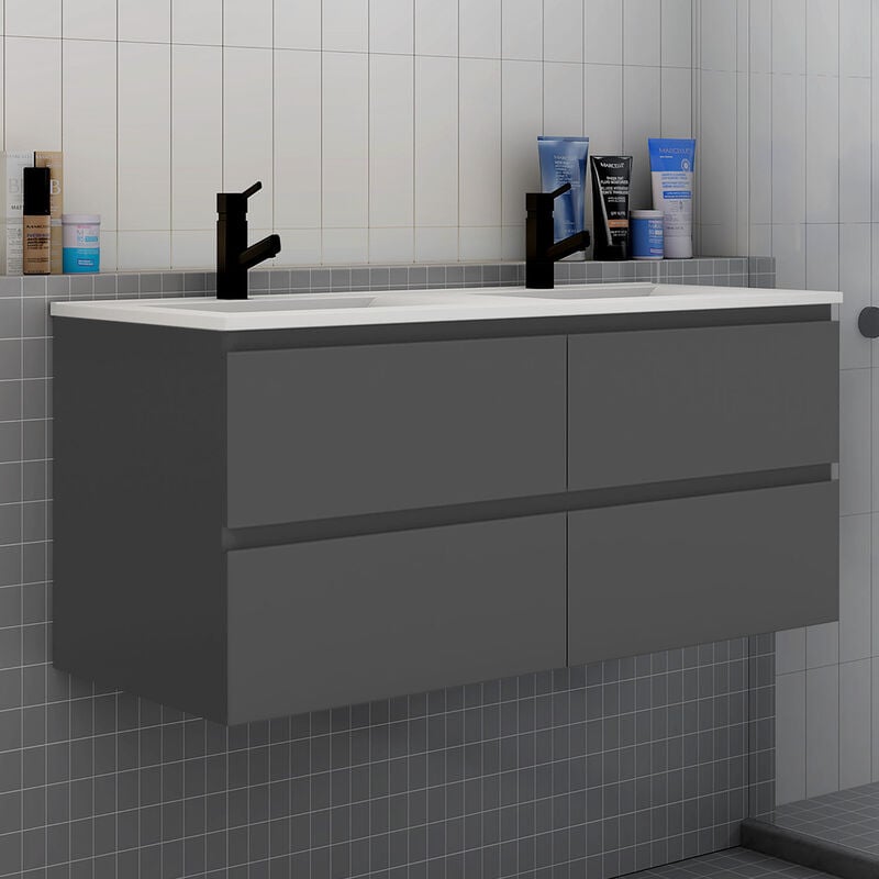 Meuble de salle de bain double vasque, 120 cm meuble anthracite avec lavabo céramique meuble 4 tiroirs