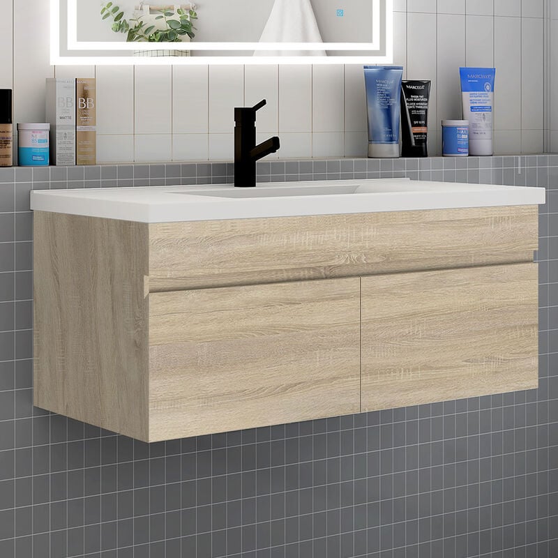 Meuble de salle de bain 100 cm avec vasque suspendu 2 portes meuble de salle de bain - bois clair