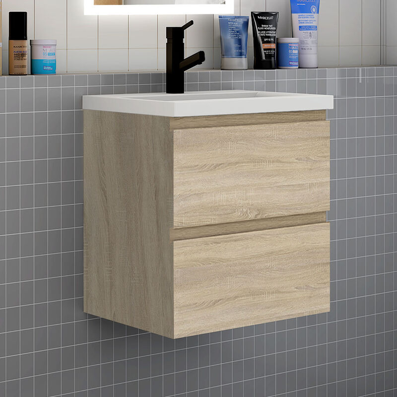 Biubiubath - Meuble de salle de bain suspendre avec vasque 2 tiroirs fermeture amortie meuble de rangement bois clair - 50cm