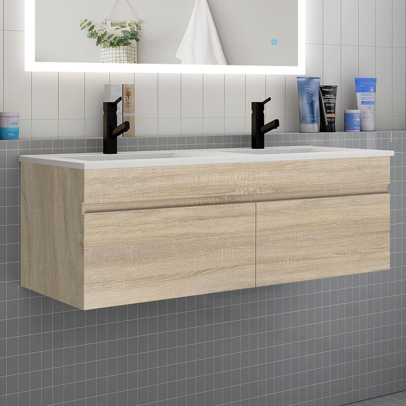 Biubiubath - Meuble de salle de bain double vasque 120 cm, meuble suspendu avec 2 portes - bois clair