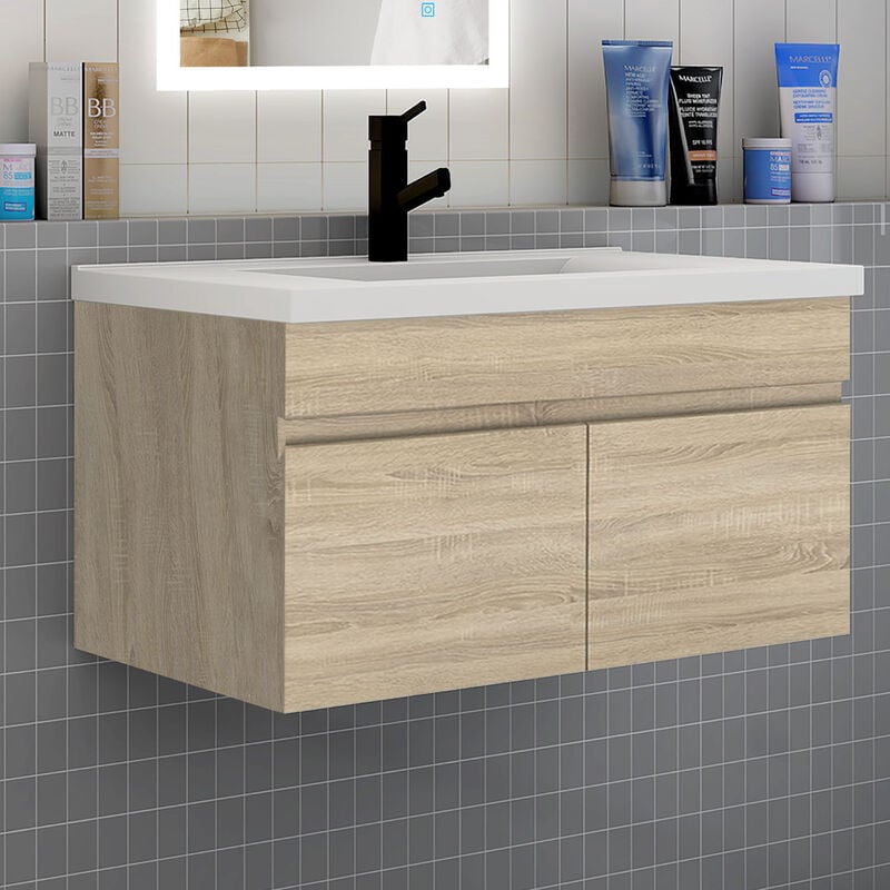 Meuble de salle de bain 80 cm avec vasque suspendu 2 portes meuble de salle de bain - bois clair