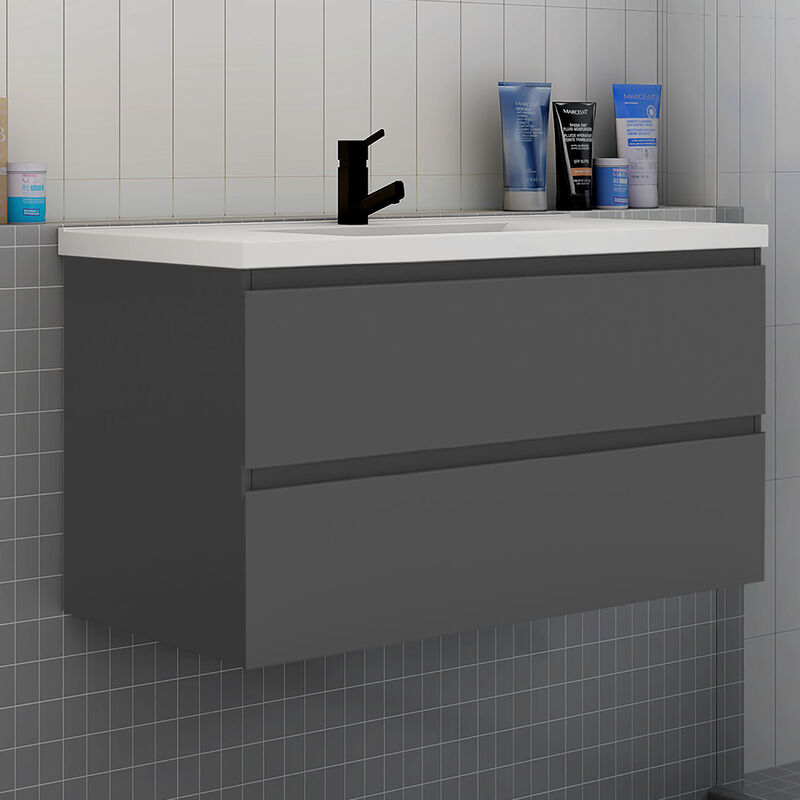Biubiubath - Meuble de salle de bain suspendre avec vasque 2 tiroirs fermeture amortie meuble de rangement anthracite - 100cm