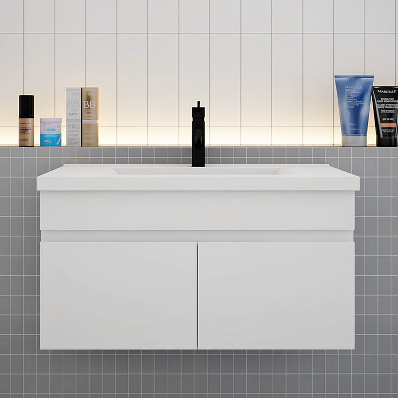 Meuble de salle de bain suspendu avec vasque, meuble blanc 80 cm 2 portes